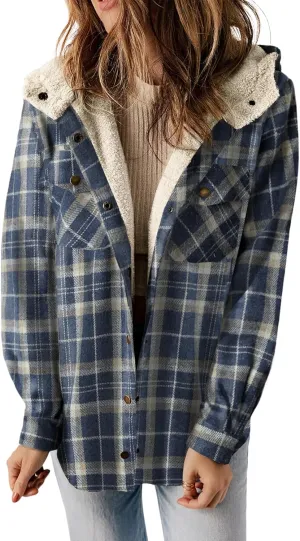 Dokotoo Womens Plaid Shacket Jacket Long Sleeve Button Down Fleece Hooded Jackets Warm Coat
