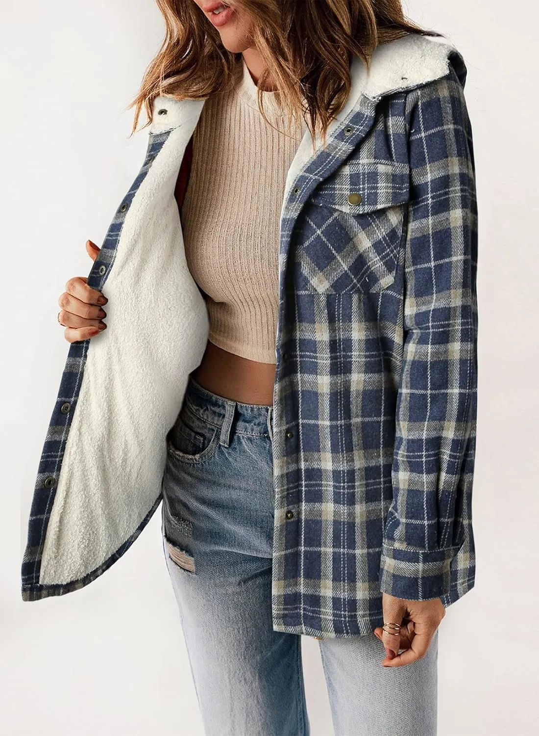 Dokotoo Womens Plaid Shacket Jacket Long Sleeve Button Down Fleece Hooded Jackets Warm Coat