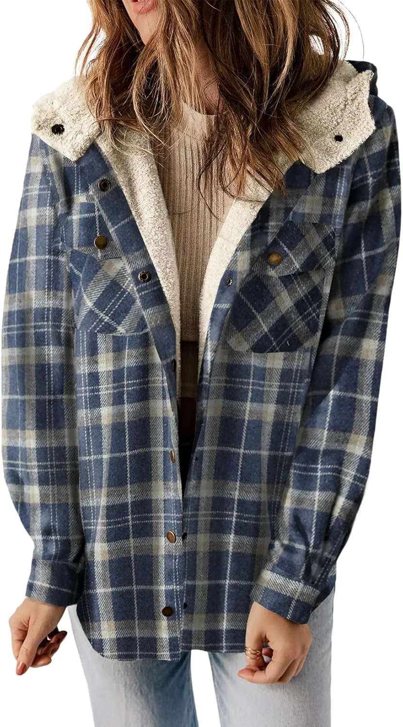 Dokotoo Womens Plaid Shacket Jacket Long Sleeve Button Down Fleece Hooded Jackets Warm Coat