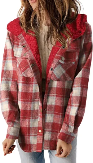 Dokotoo Womens Plaid Shacket Jacket Long Sleeve Button Down Fleece Hooded Jackets Warm Coat