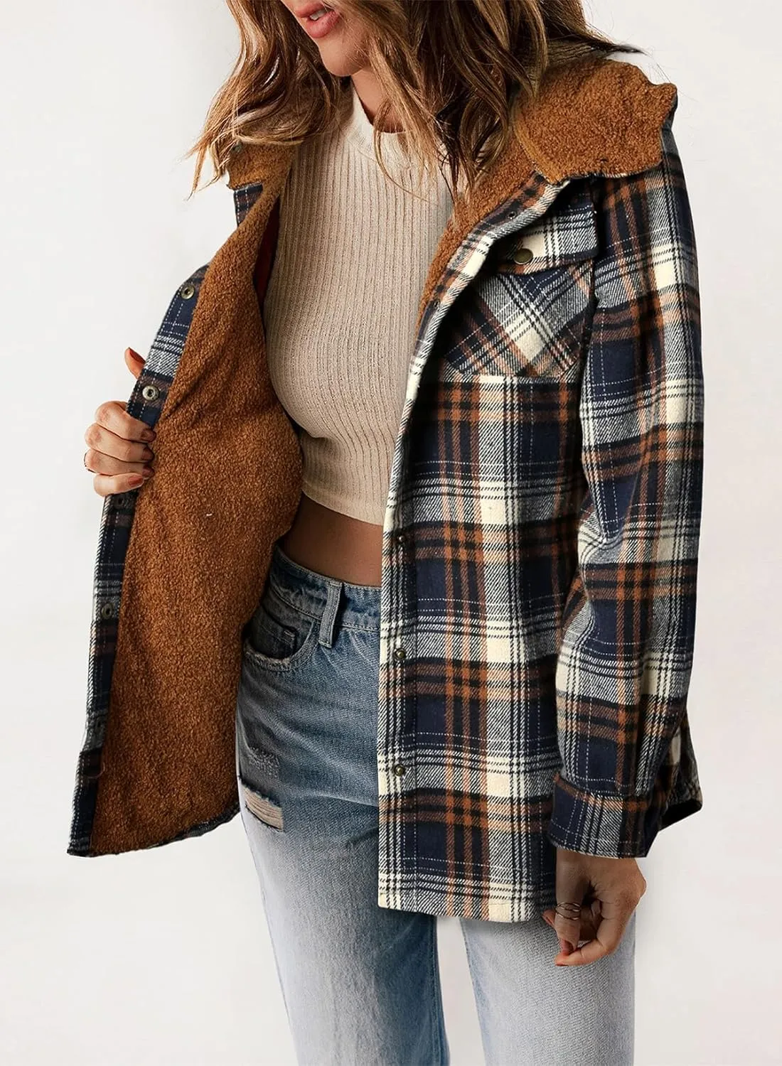 Dokotoo Womens Plaid Shacket Jacket Long Sleeve Button Down Fleece Hooded Jackets Warm Coat