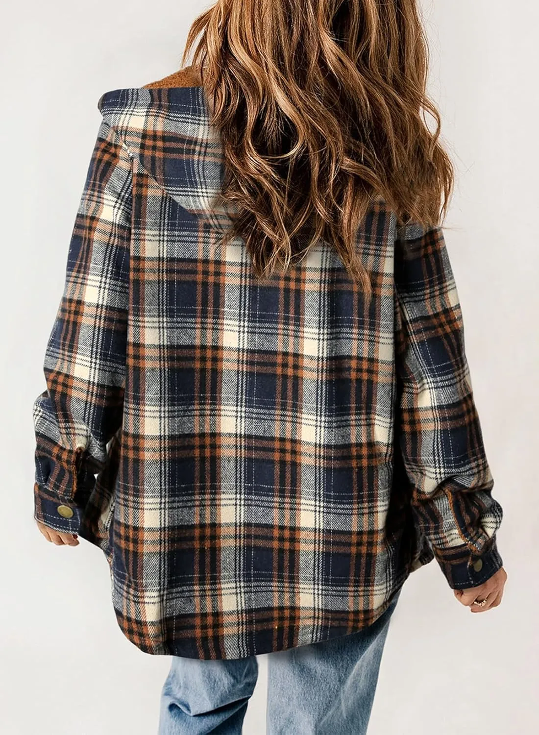 Dokotoo Womens Plaid Shacket Jacket Long Sleeve Button Down Fleece Hooded Jackets Warm Coat