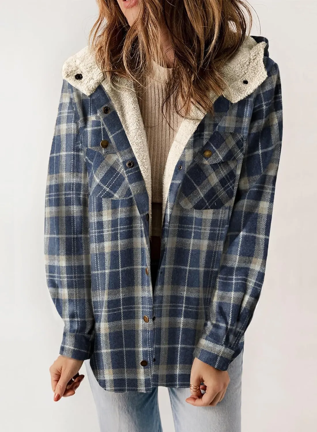 Dokotoo Womens Plaid Shacket Jacket Long Sleeve Button Down Fleece Hooded Jackets Warm Coat