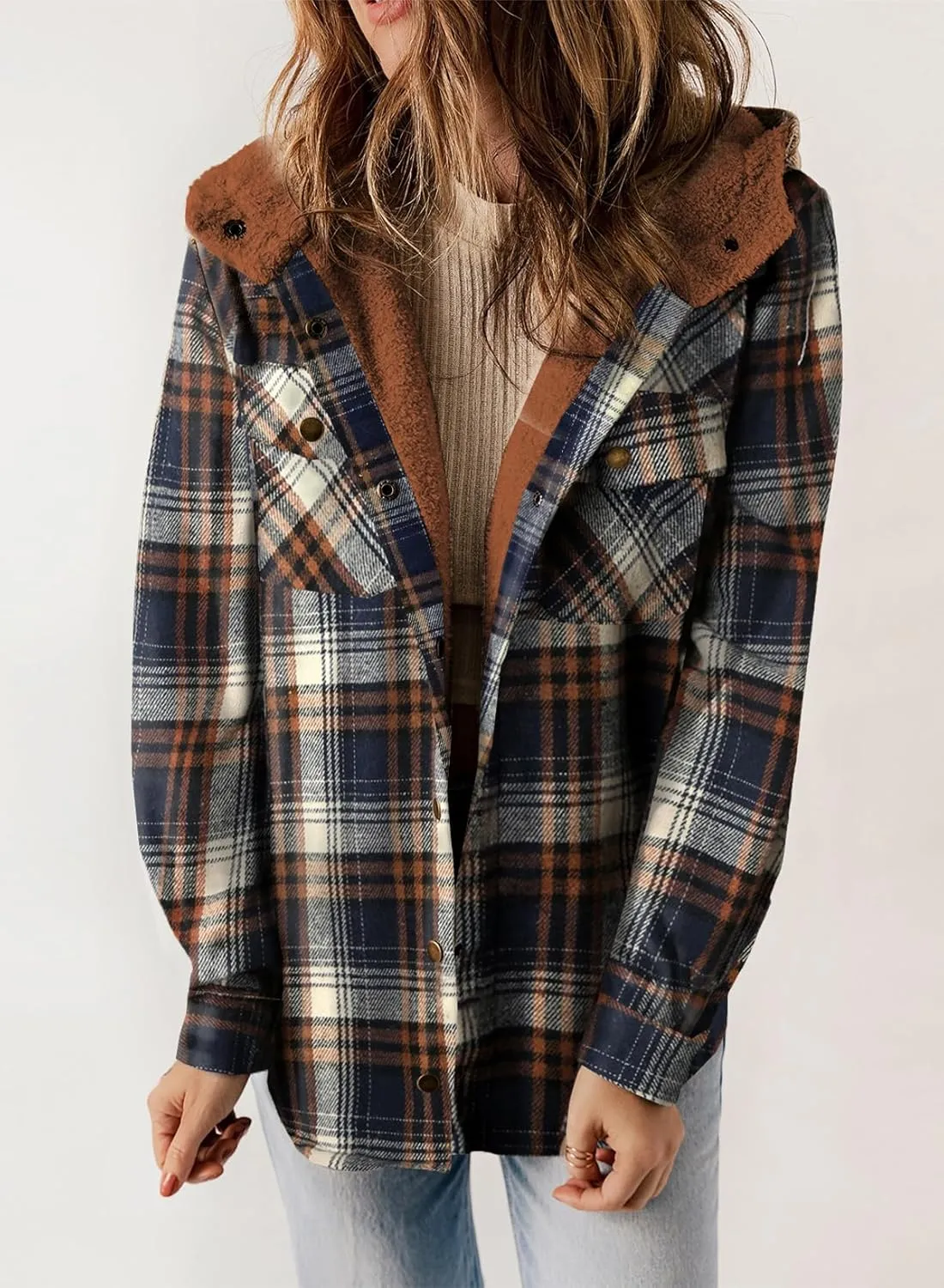 Dokotoo Womens Plaid Shacket Jacket Long Sleeve Button Down Fleece Hooded Jackets Warm Coat