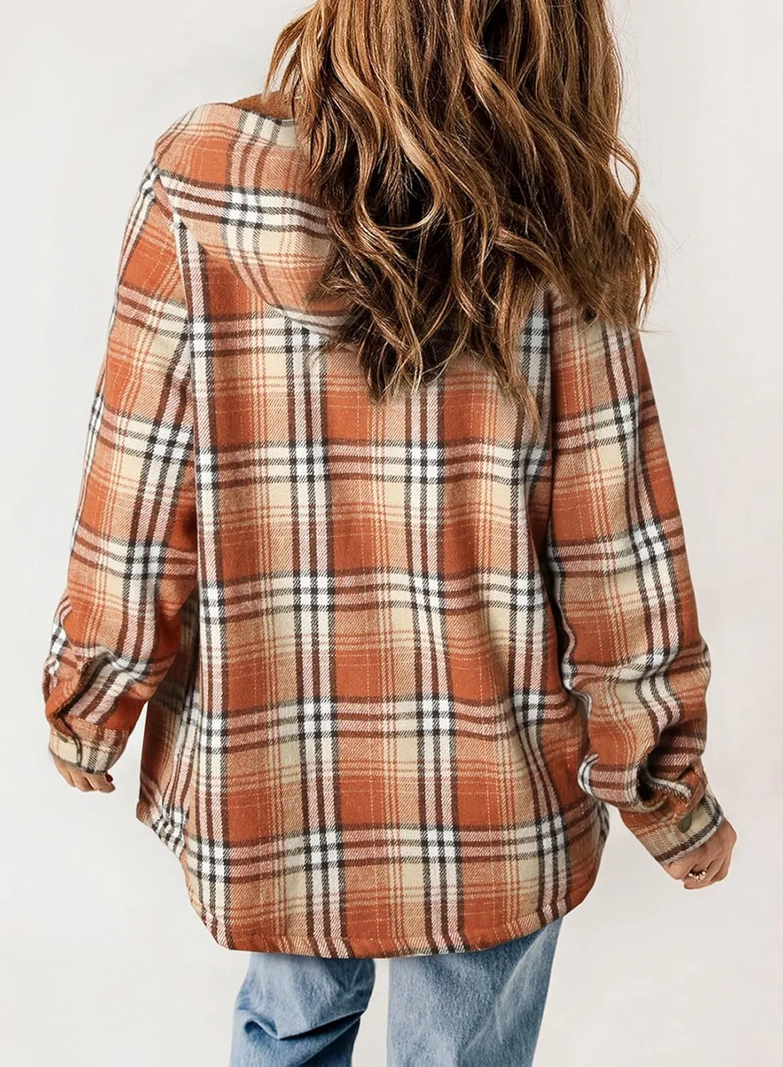 Dokotoo Womens Plaid Shacket Jacket Long Sleeve Button Down Fleece Hooded Jackets Warm Coat