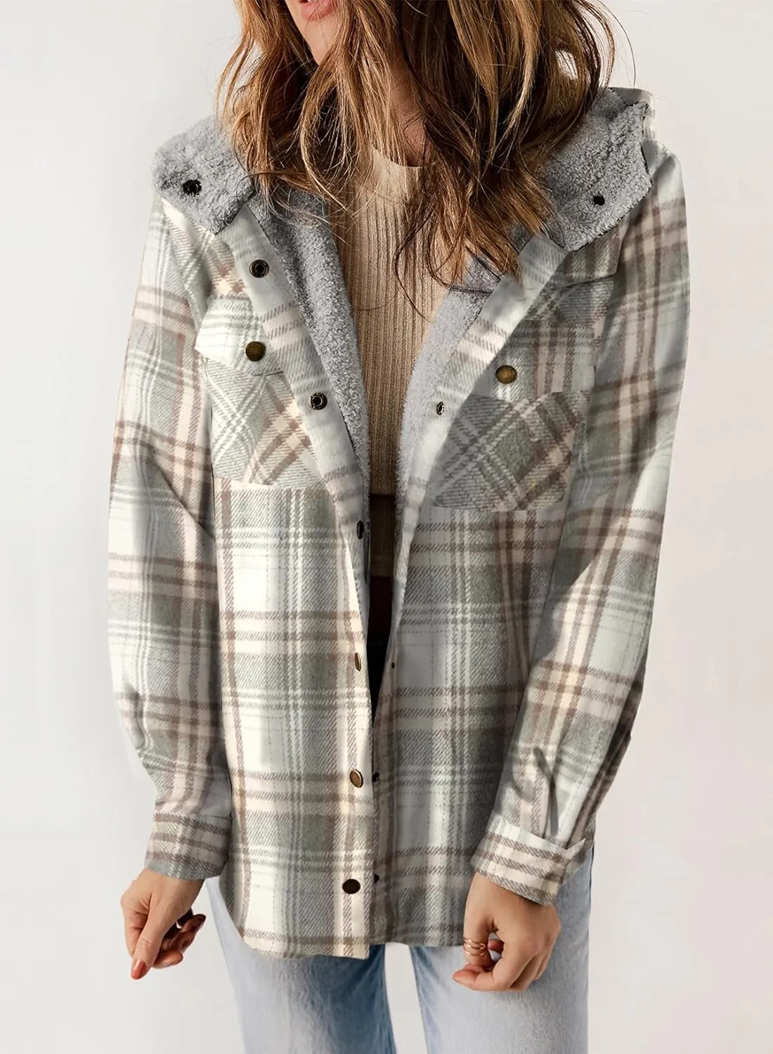 Dokotoo Womens Plaid Shacket Jacket Long Sleeve Button Down Fleece Hooded Jackets Warm Coat