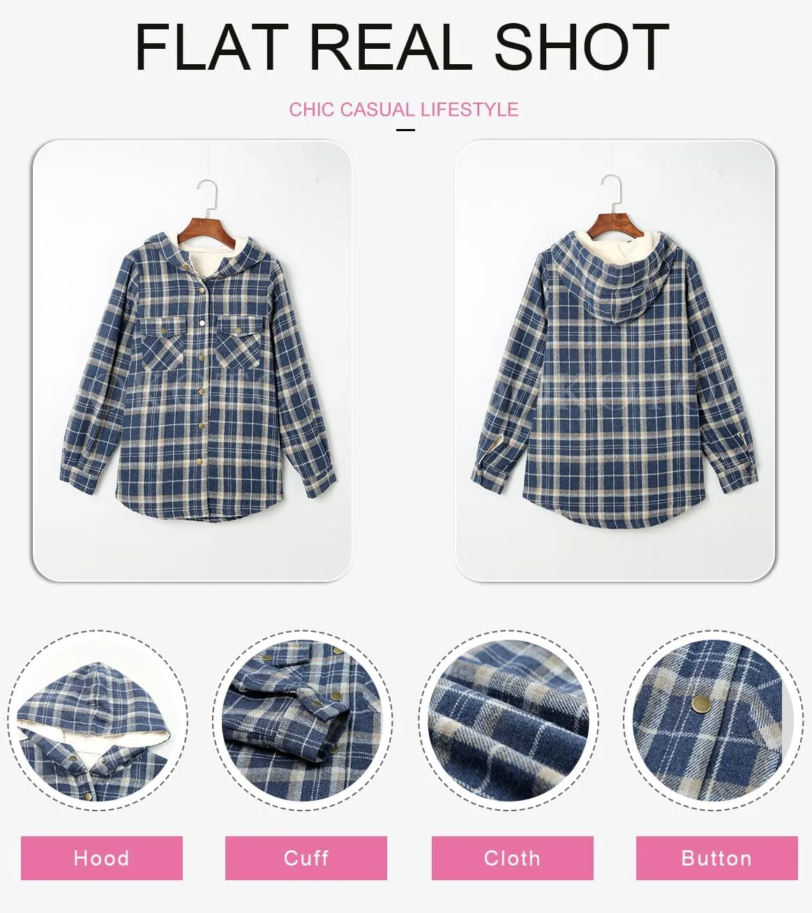 Dokotoo Womens Plaid Shacket Jacket Long Sleeve Button Down Fleece Hooded Jackets Warm Coat