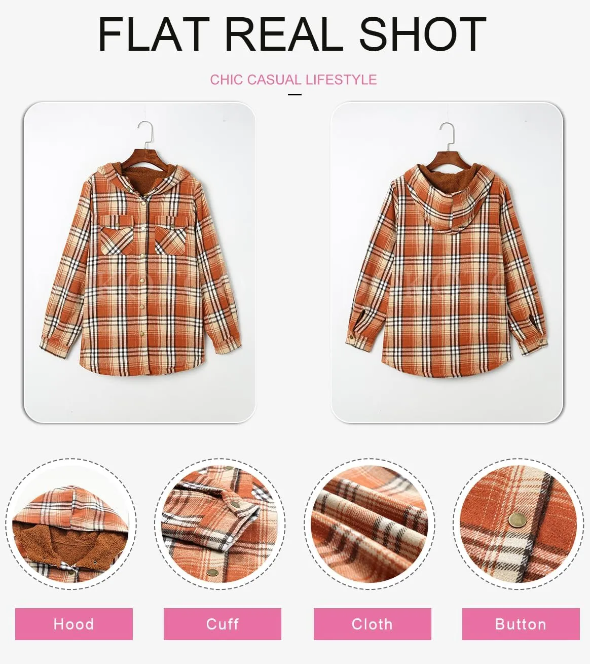 Dokotoo Womens Plaid Shacket Jacket Long Sleeve Button Down Fleece Hooded Jackets Warm Coat