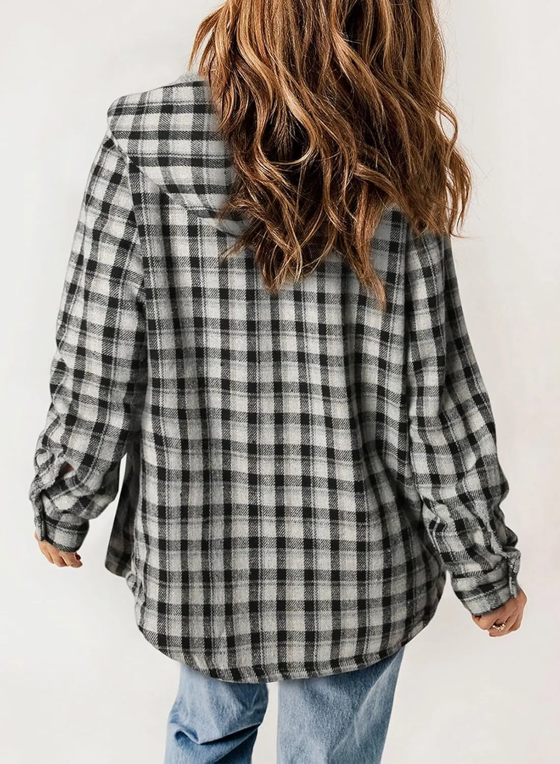 Dokotoo Womens Plaid Shacket Jacket Long Sleeve Button Down Fleece Hooded Jackets Warm Coat