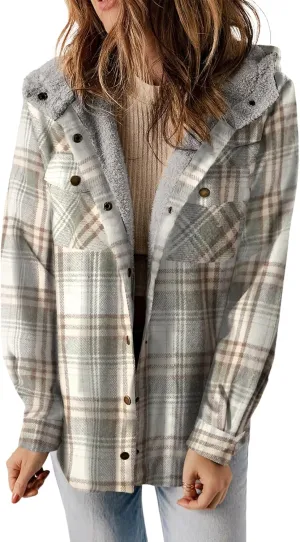 Dokotoo Womens Plaid Shacket Jacket Long Sleeve Button Down Fleece Hooded Jackets Warm Coat