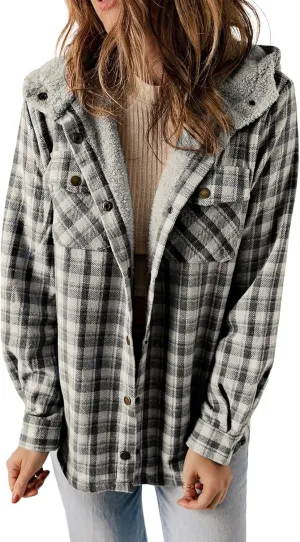 Dokotoo Womens Plaid Shacket Jacket Long Sleeve Button Down Fleece Hooded Jackets Warm Coat