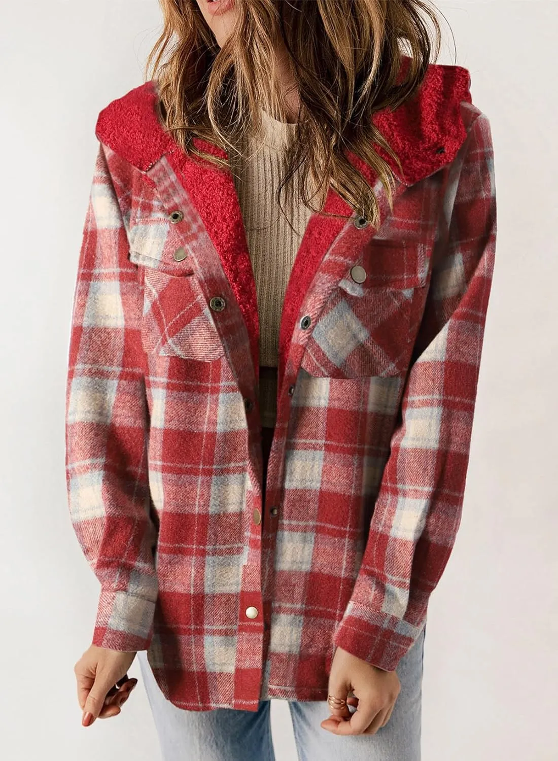 Dokotoo Womens Plaid Shacket Jacket Long Sleeve Button Down Fleece Hooded Jackets Warm Coat