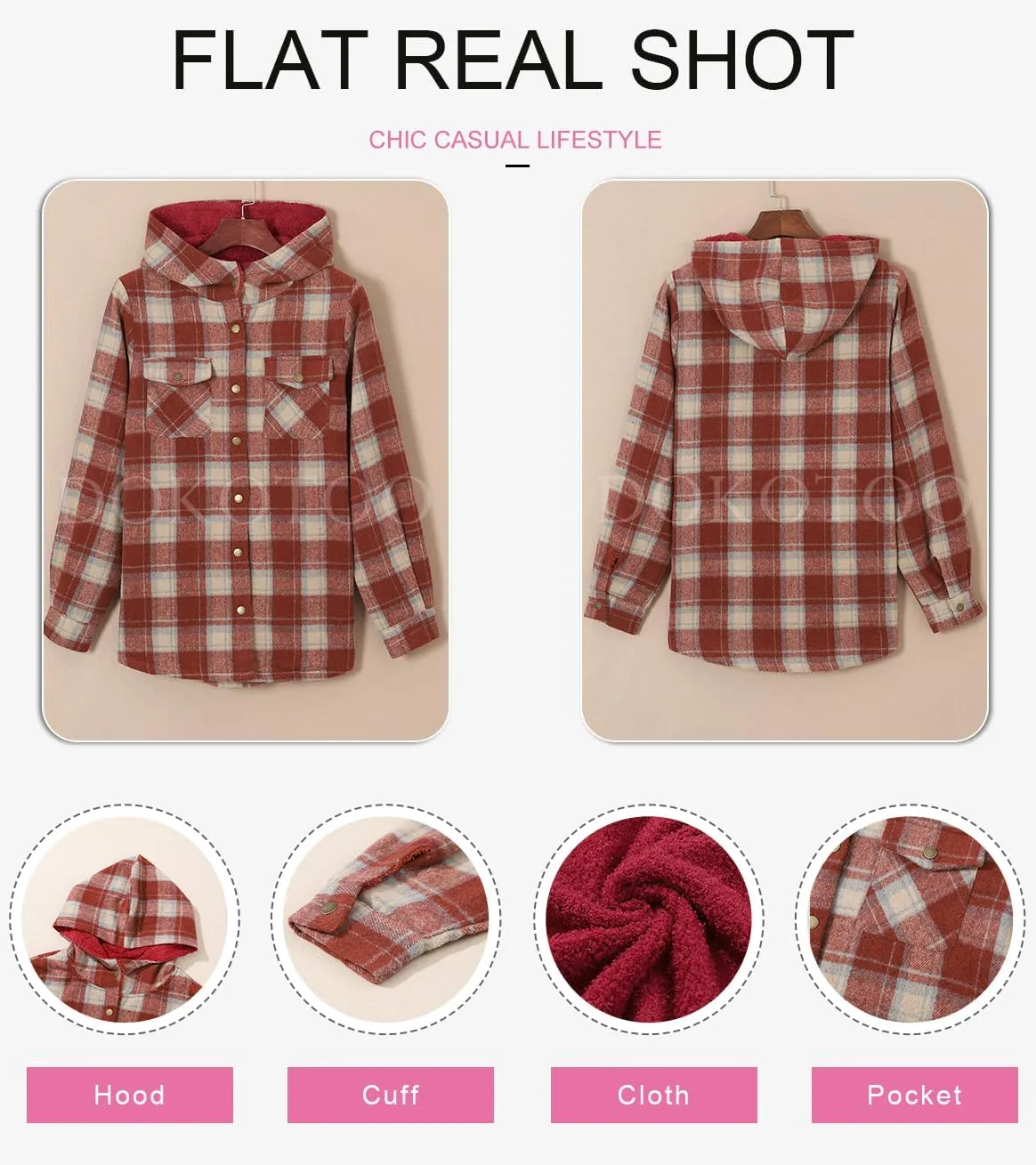 Dokotoo Womens Plaid Shacket Jacket Long Sleeve Button Down Fleece Hooded Jackets Warm Coat