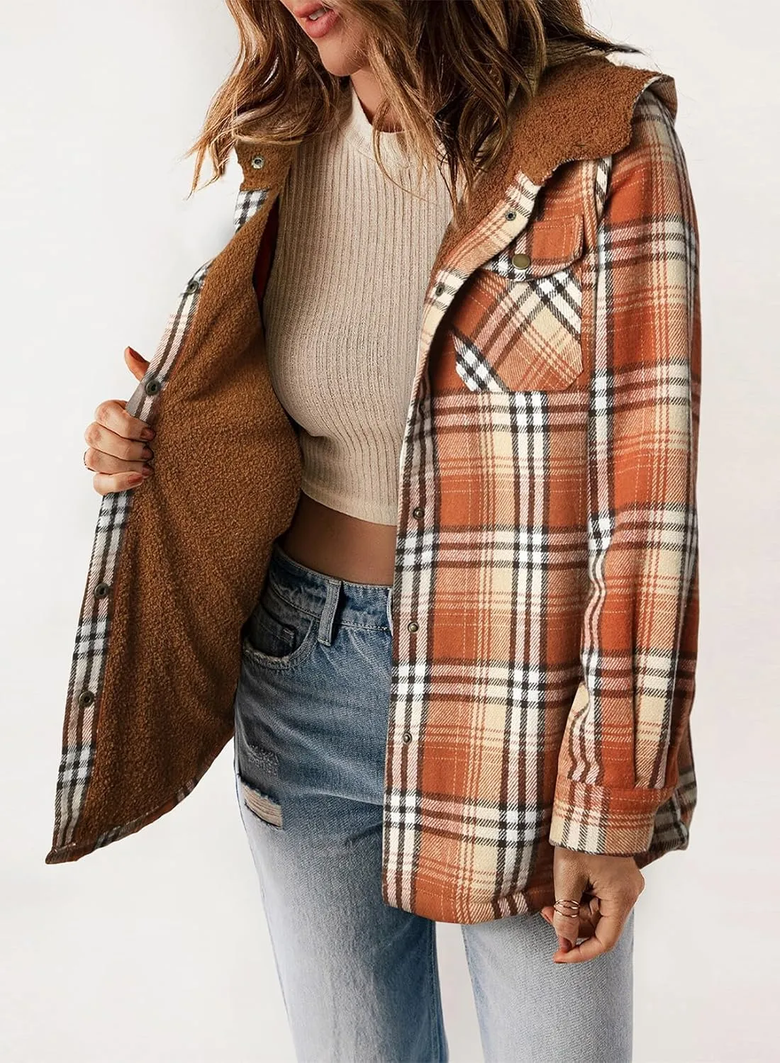 Dokotoo Womens Plaid Shacket Jacket Long Sleeve Button Down Fleece Hooded Jackets Warm Coat