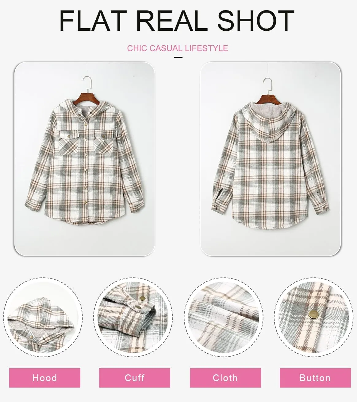Dokotoo Womens Plaid Shacket Jacket Long Sleeve Button Down Fleece Hooded Jackets Warm Coat