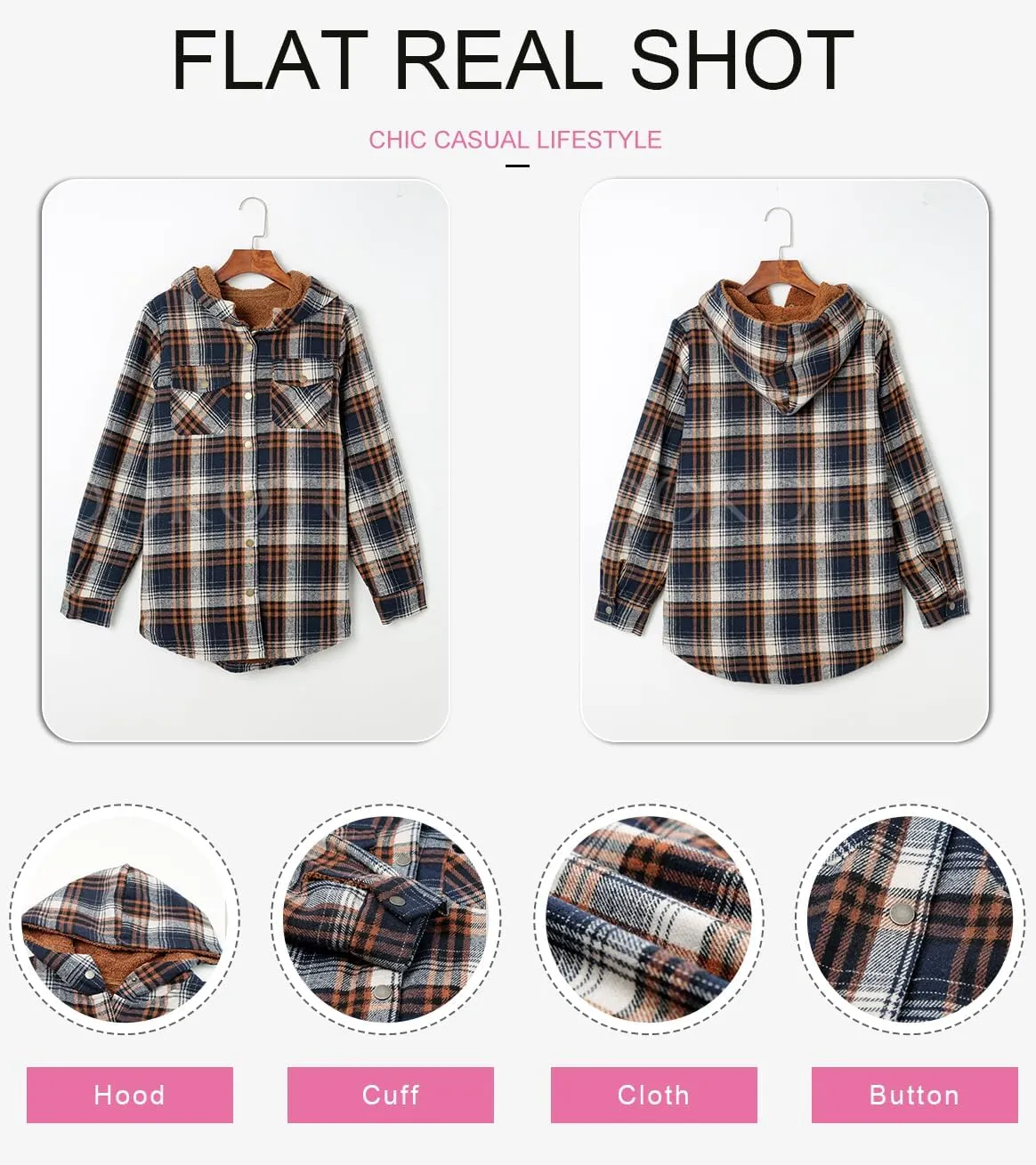 Dokotoo Womens Plaid Shacket Jacket Long Sleeve Button Down Fleece Hooded Jackets Warm Coat