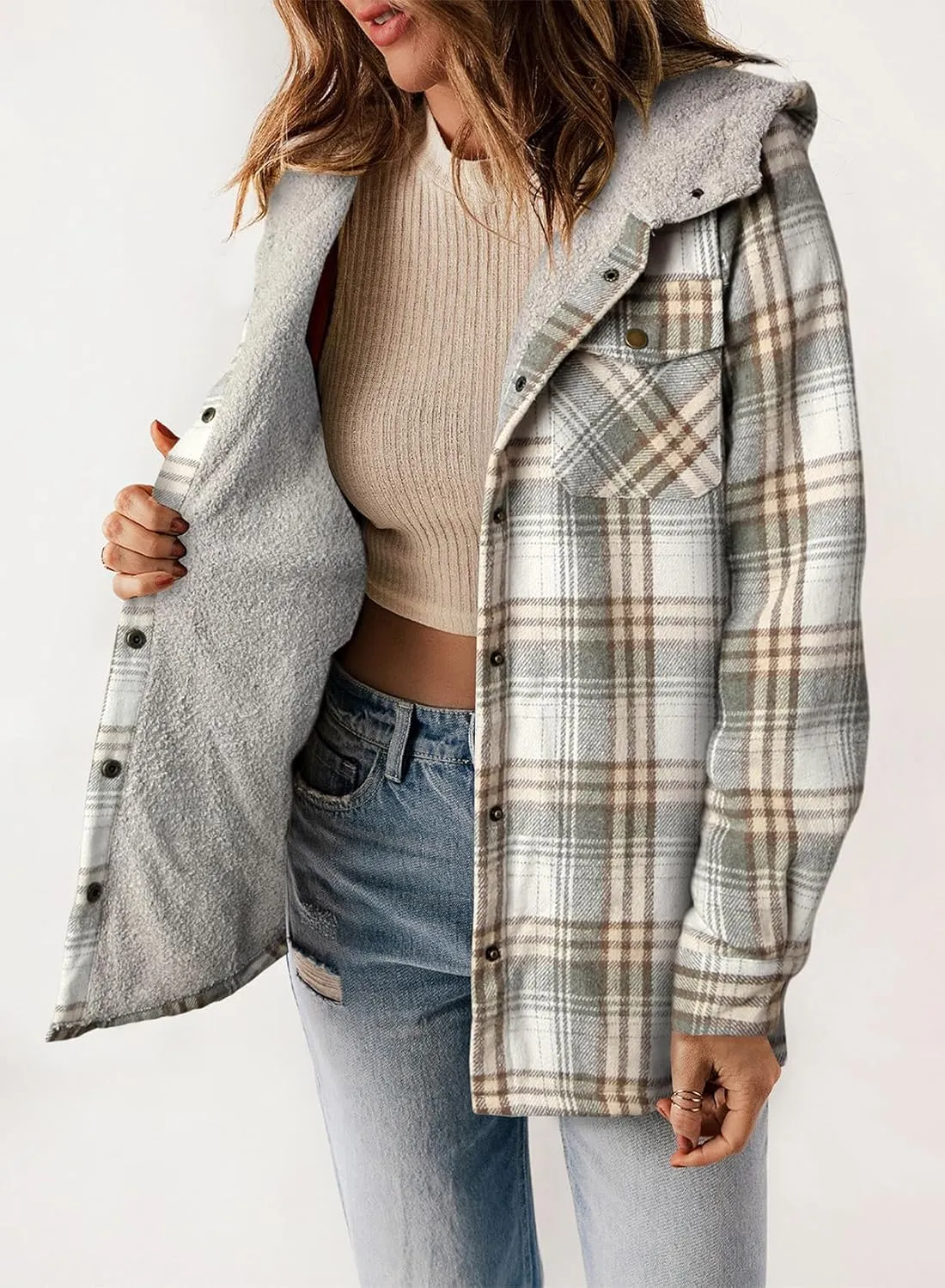 Dokotoo Womens Plaid Shacket Jacket Long Sleeve Button Down Fleece Hooded Jackets Warm Coat