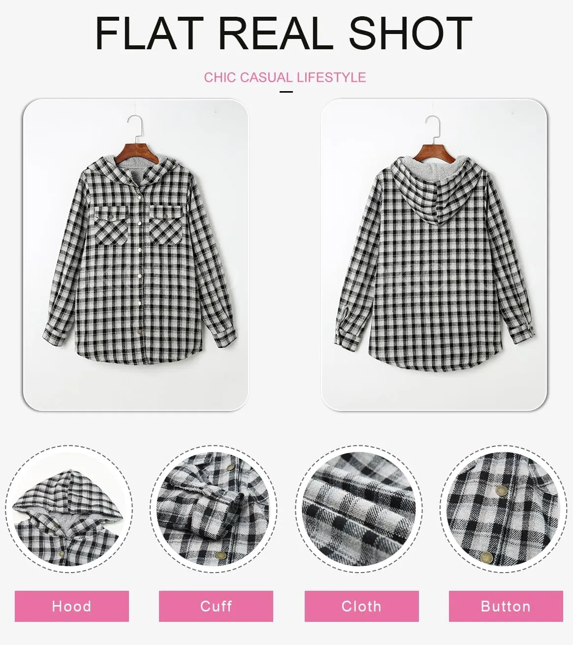 Dokotoo Womens Plaid Shacket Jacket Long Sleeve Button Down Fleece Hooded Jackets Warm Coat