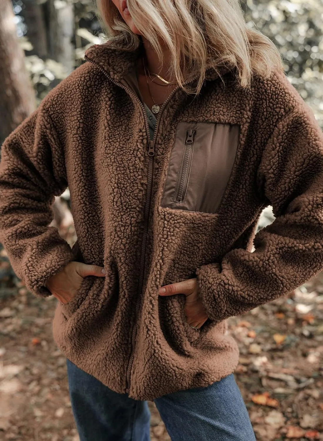 Dokotoo Womens Winter Trendy Full Zipper Fleece Jackets Long Sleeve Relaxed Warm Teddy Coats with Pockets
