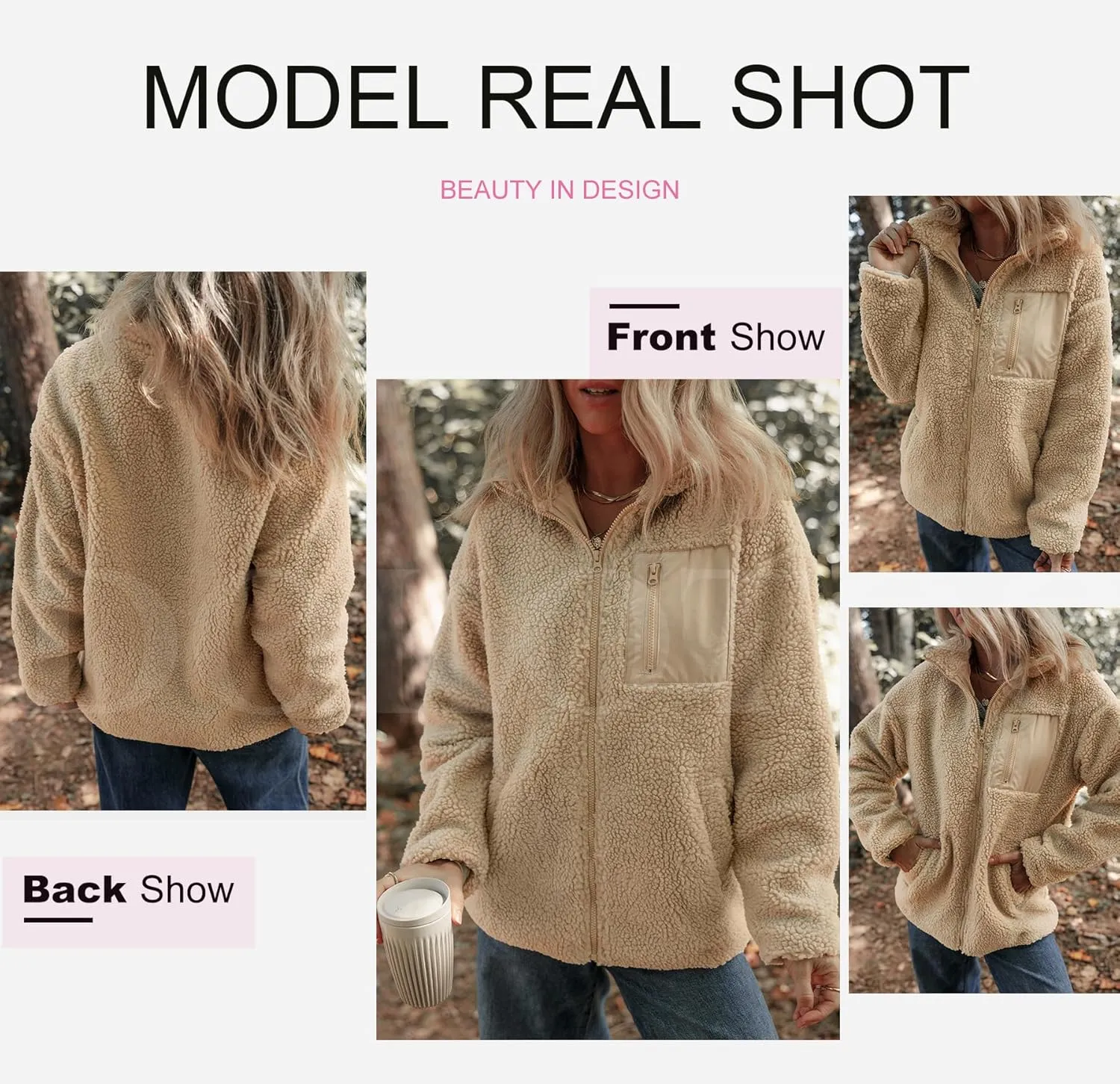 Dokotoo Womens Winter Trendy Full Zipper Fleece Jackets Long Sleeve Relaxed Warm Teddy Coats with Pockets