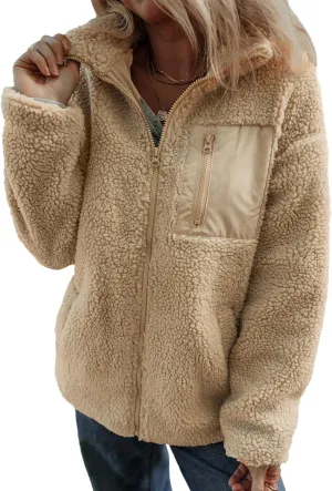 Dokotoo Womens Winter Trendy Full Zipper Fleece Jackets Long Sleeve Relaxed Warm Teddy Coats with Pockets