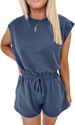 EARKOHA Womens Jumpsuit Casual Bristol Black Knit Open Back Cap Sleeve Drawstring Romper