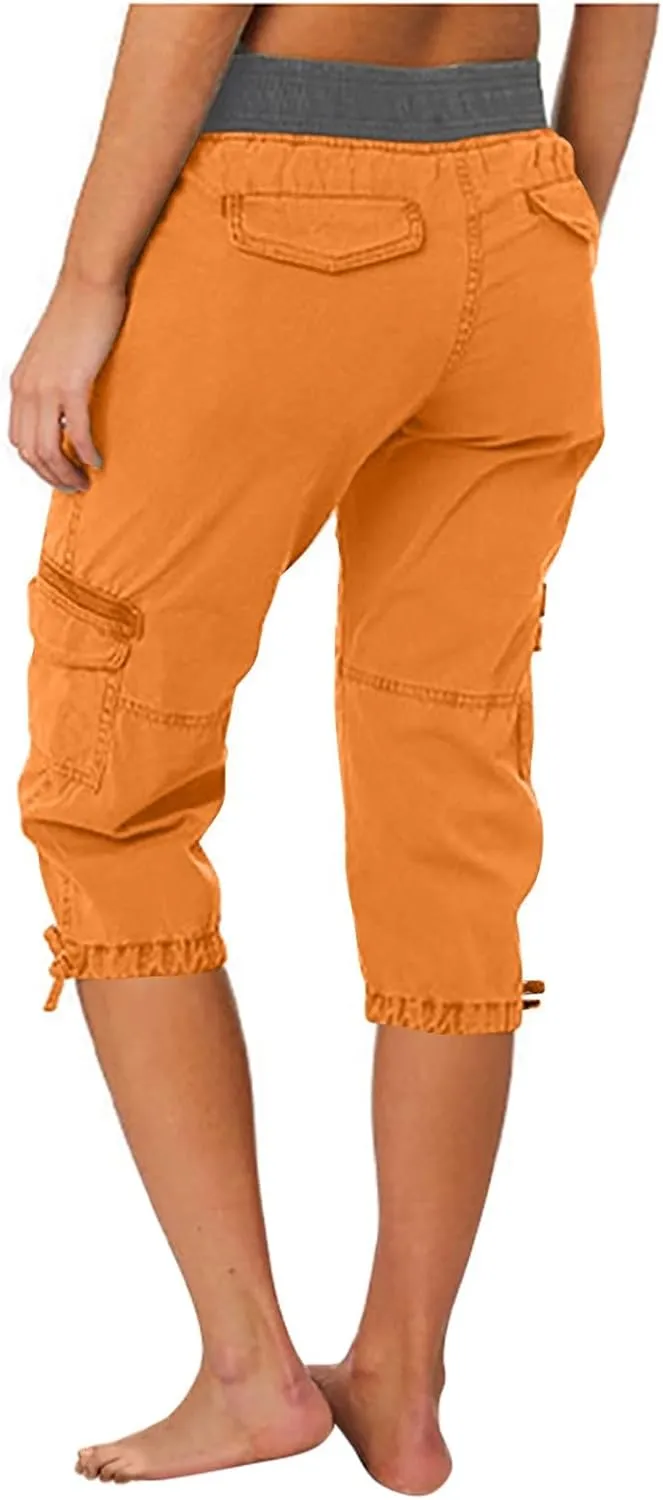 Elastic Waist Cargo Shorts for Women Summer Fashion Casual Travel Cropped Trousers Hiking Relaxed Multi-Pocket Shorts