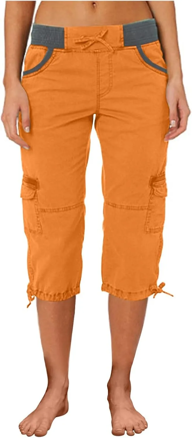 Elastic Waist Cargo Shorts for Women Summer Fashion Casual Travel Cropped Trousers Hiking Relaxed Multi-Pocket Shorts