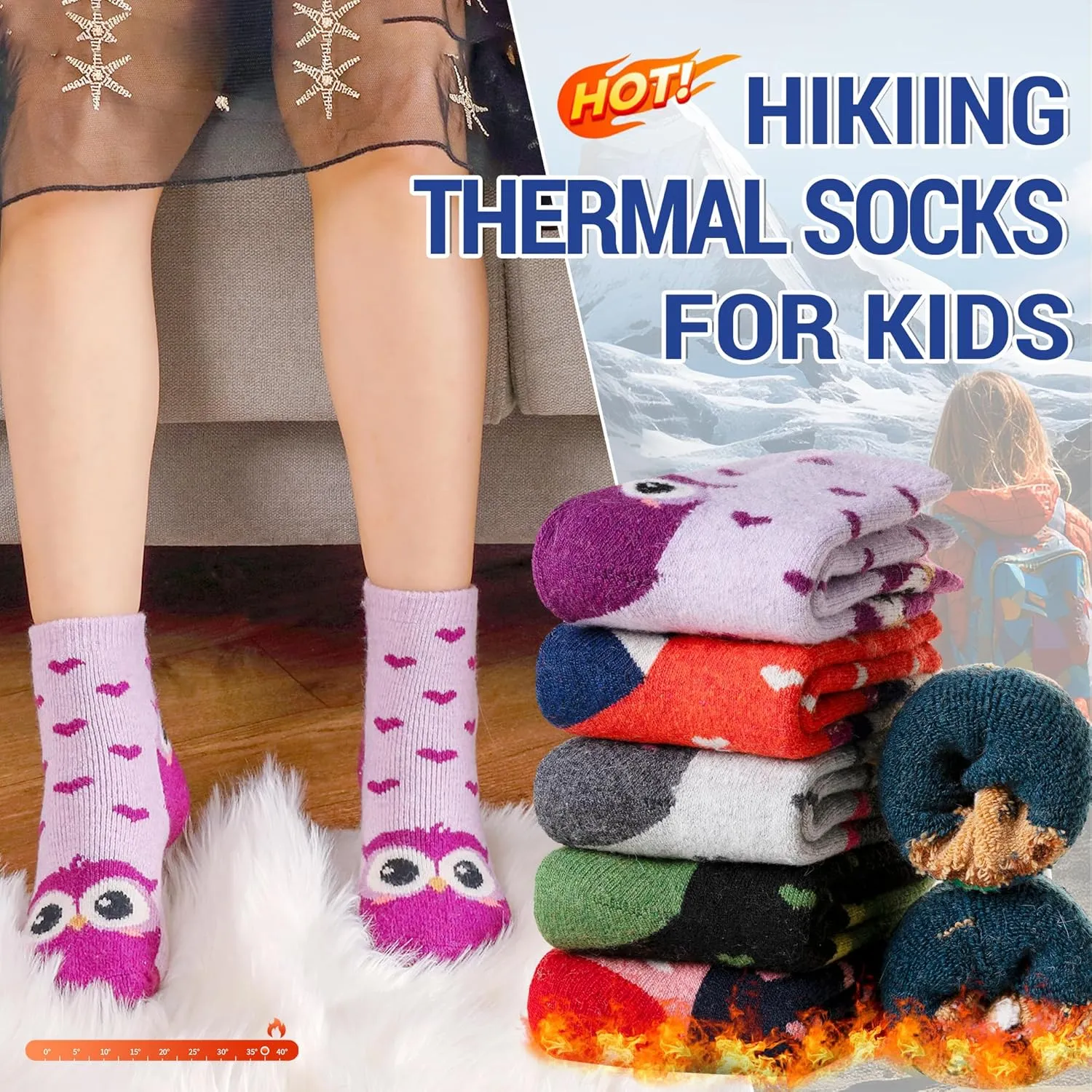 Eocom Kids Wool Socks For Boys Girls Warm Hiking Thermal Winter Cozy Soft Thick Toddlers Crew Boot Socks 6 Pairs
