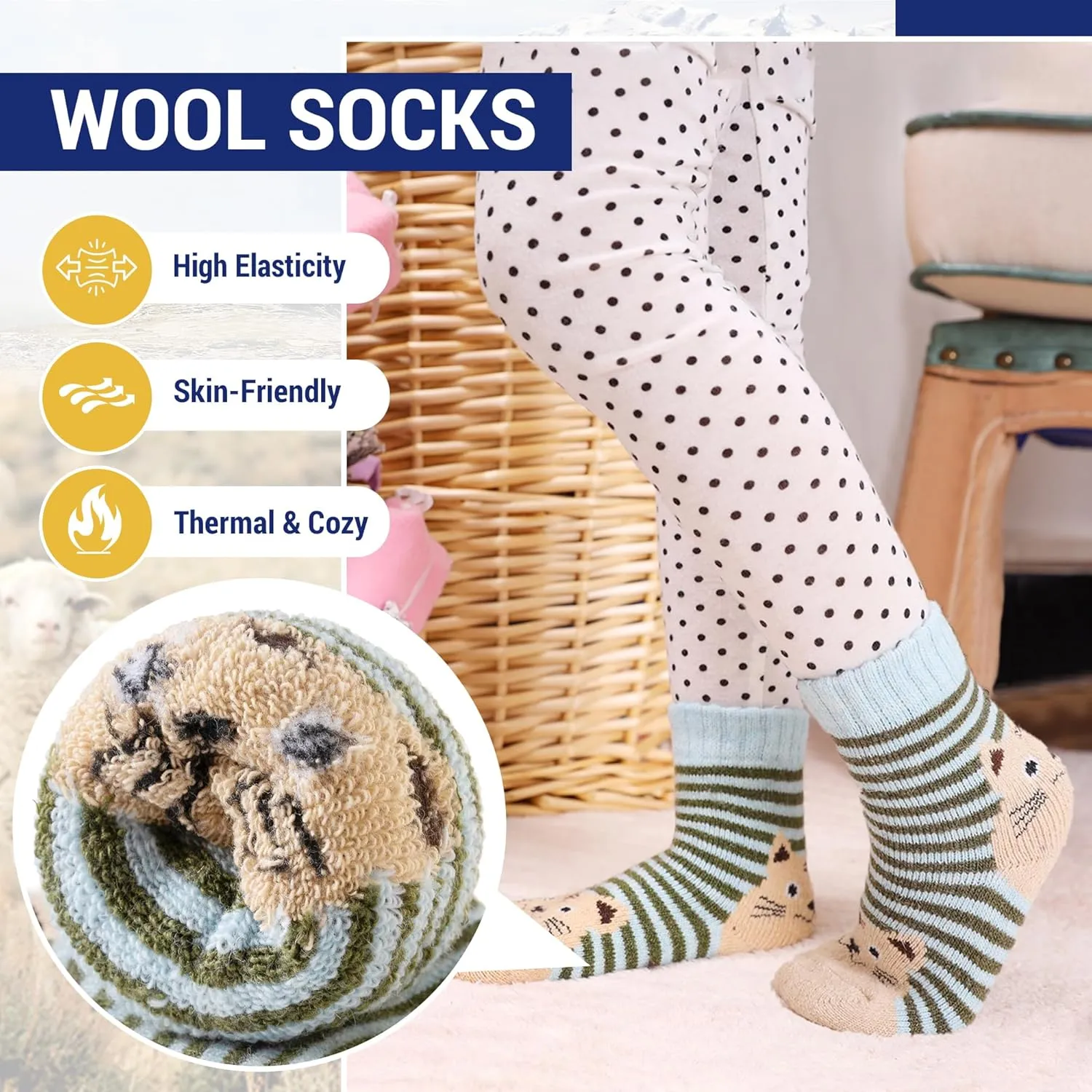 Eocom Kids Wool Socks For Boys Girls Warm Hiking Thermal Winter Cozy Soft Thick Toddlers Crew Boot Socks 6 Pairs