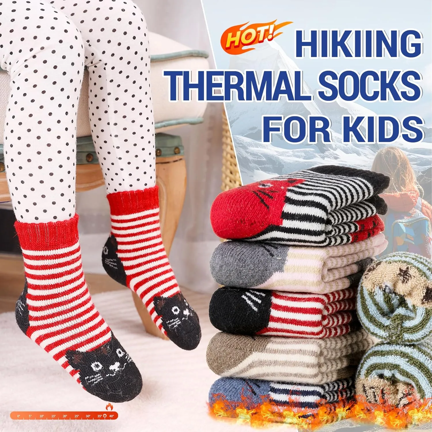 Eocom Kids Wool Socks For Boys Girls Warm Hiking Thermal Winter Cozy Soft Thick Toddlers Crew Boot Socks 6 Pairs