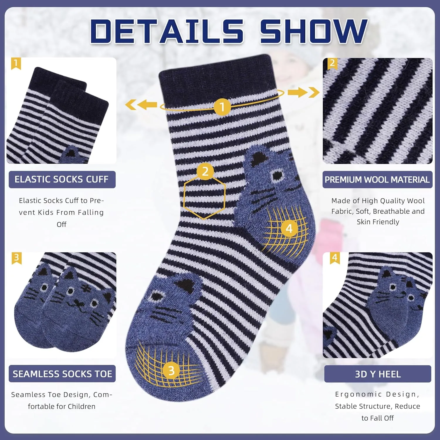 Eocom Kids Wool Socks For Boys Girls Warm Hiking Thermal Winter Cozy Soft Thick Toddlers Crew Boot Socks 6 Pairs