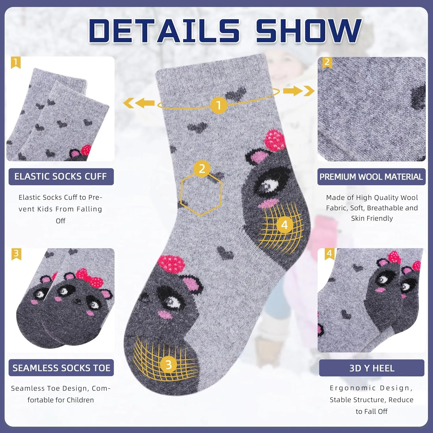 Eocom Kids Wool Socks For Boys Girls Warm Hiking Thermal Winter Cozy Soft Thick Toddlers Crew Boot Socks 6 Pairs