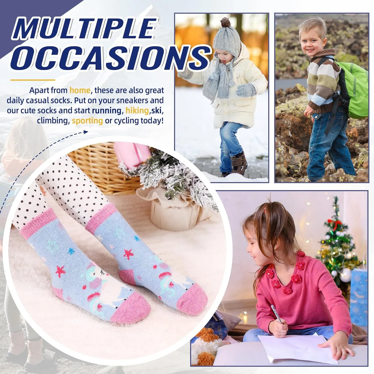 Eocom Kids Wool Socks Winter Warm Wool Hiking Thermal Thick Boot Cozy Crew Socks for Toddlers Boys Girls 6 Pairs