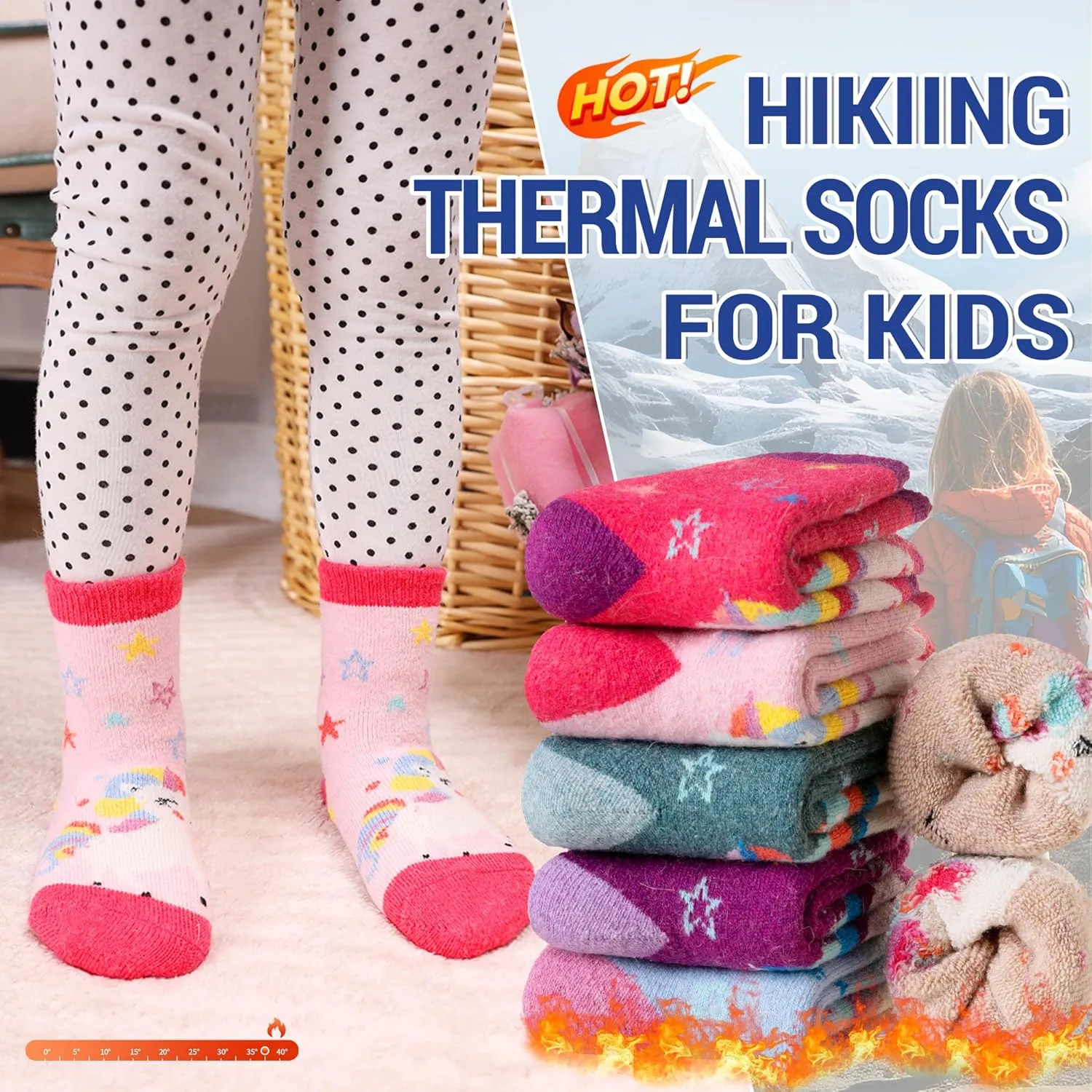 Eocom Kids Wool Socks Winter Warm Wool Hiking Thermal Thick Boot Cozy Crew Socks for Toddlers Boys Girls 6 Pairs