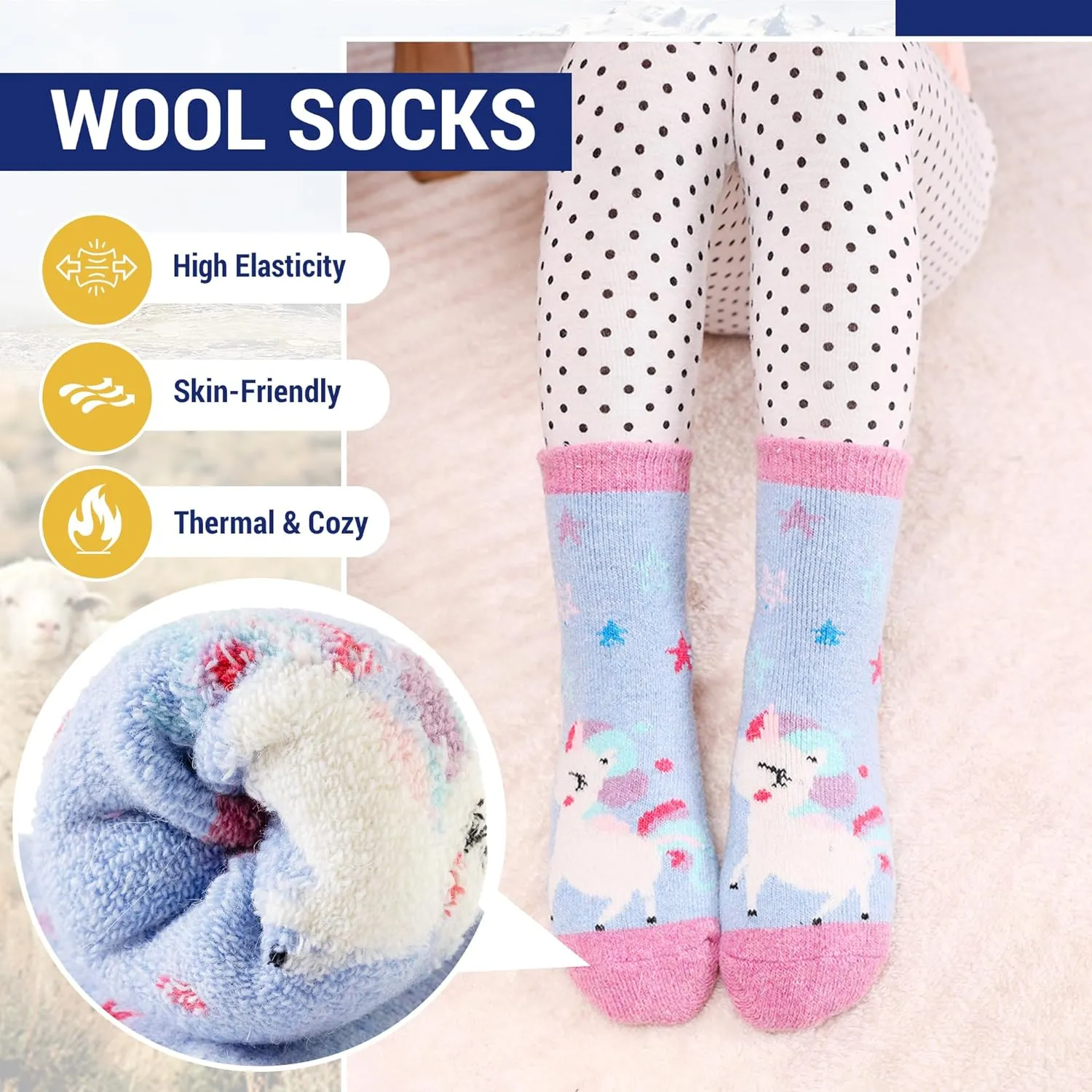 Eocom Kids Wool Socks Winter Warm Wool Hiking Thermal Thick Boot Cozy Crew Socks for Toddlers Boys Girls 6 Pairs