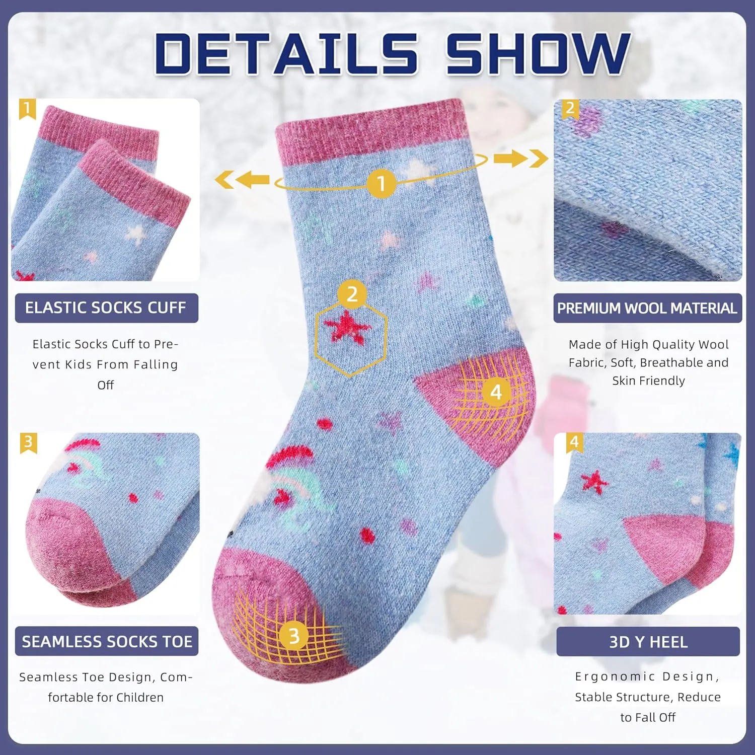 Eocom Kids Wool Socks Winter Warm Wool Hiking Thermal Thick Boot Cozy Crew Socks for Toddlers Boys Girls 6 Pairs