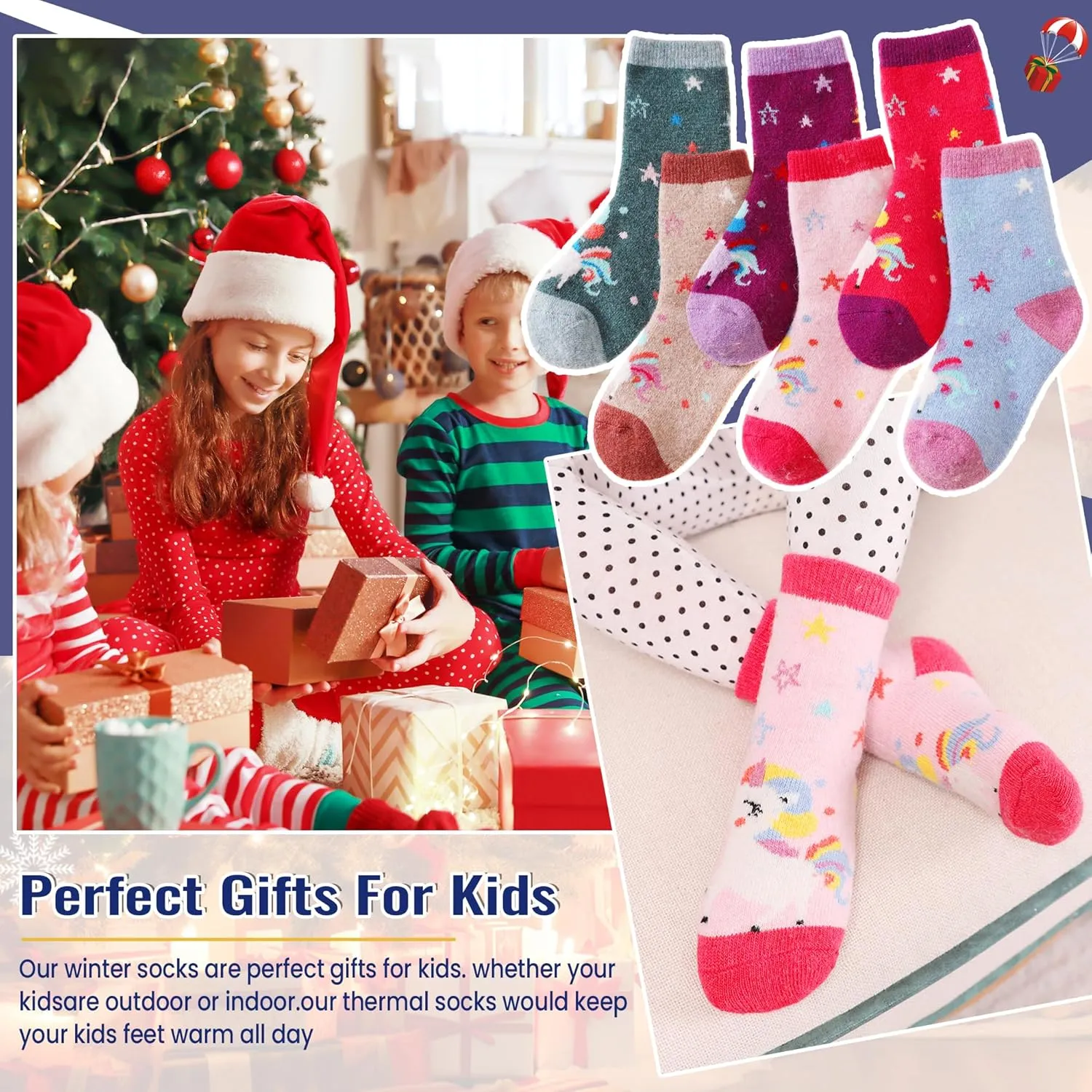 Eocom Kids Wool Socks Winter Warm Wool Hiking Thermal Thick Boot Cozy Crew Socks for Toddlers Boys Girls 6 Pairs