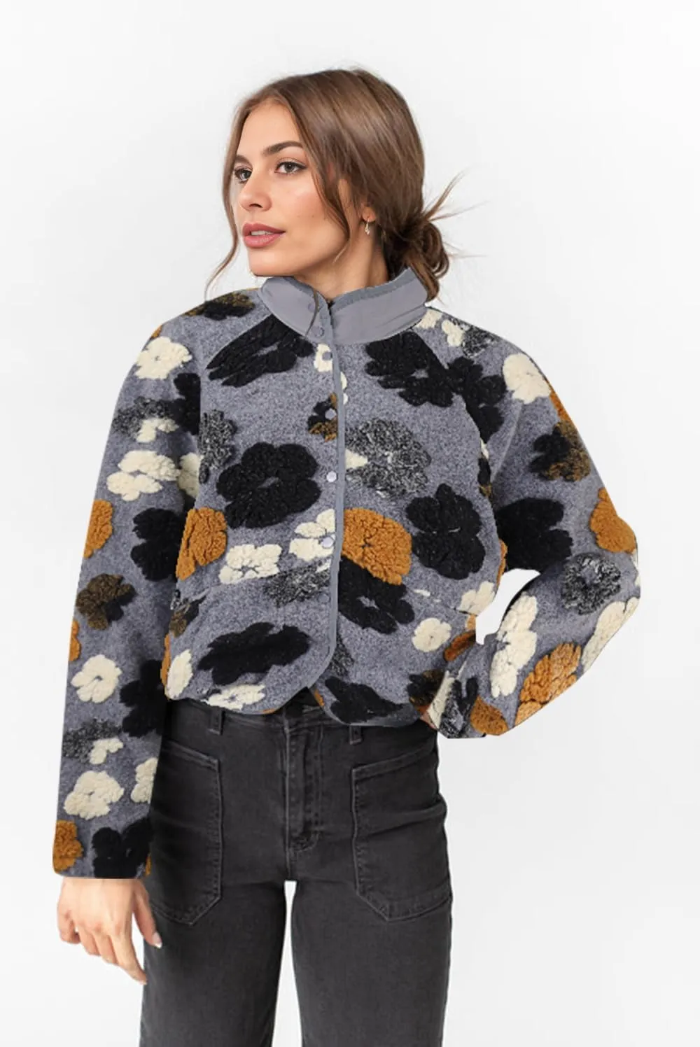 Floral Fleece Jacket Button Down Shacket Casual Sherpa Coats Warm Outwear