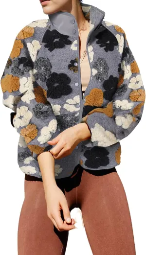 Floral Fleece Jacket Button Down Shacket Casual Sherpa Coats Warm Outwear