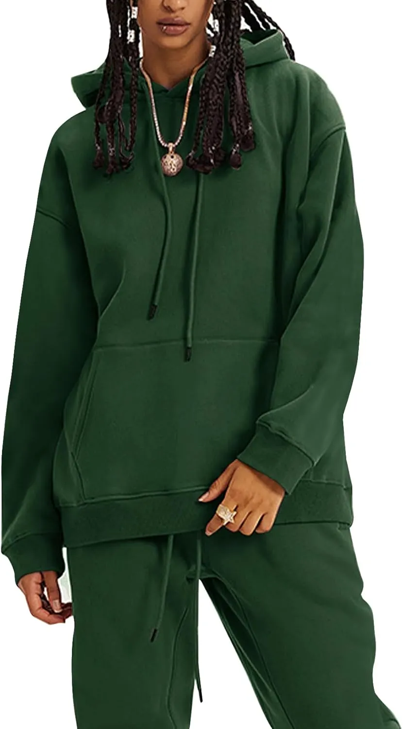 Flygo Womens Fleece 2 Piece Outfits Lounge Hoodie Sweatsuits Sets Oversized Sweatshirt Baggy Sweatpants Set W/Pockets