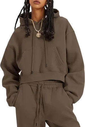 Flygo Womens Fleece 2 Piece Outfits Sweatsuit Crop Pullover Sweatshirt Joggers Pants Tracksuit Set
