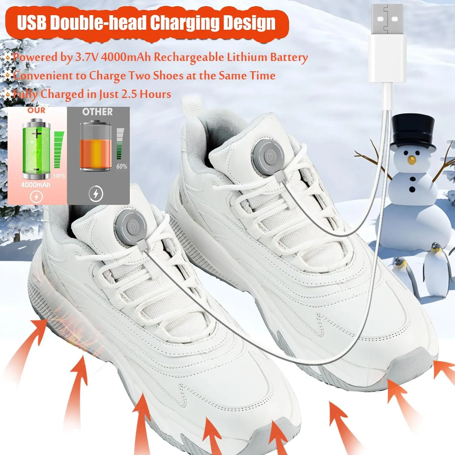 Heated Snow Boots Electric for Men and Women, Max 20H Heated Winter Sneakers Foot Warmer Rechargeable, Warm Waterproof Anti-Slip Fleece Lining Boots