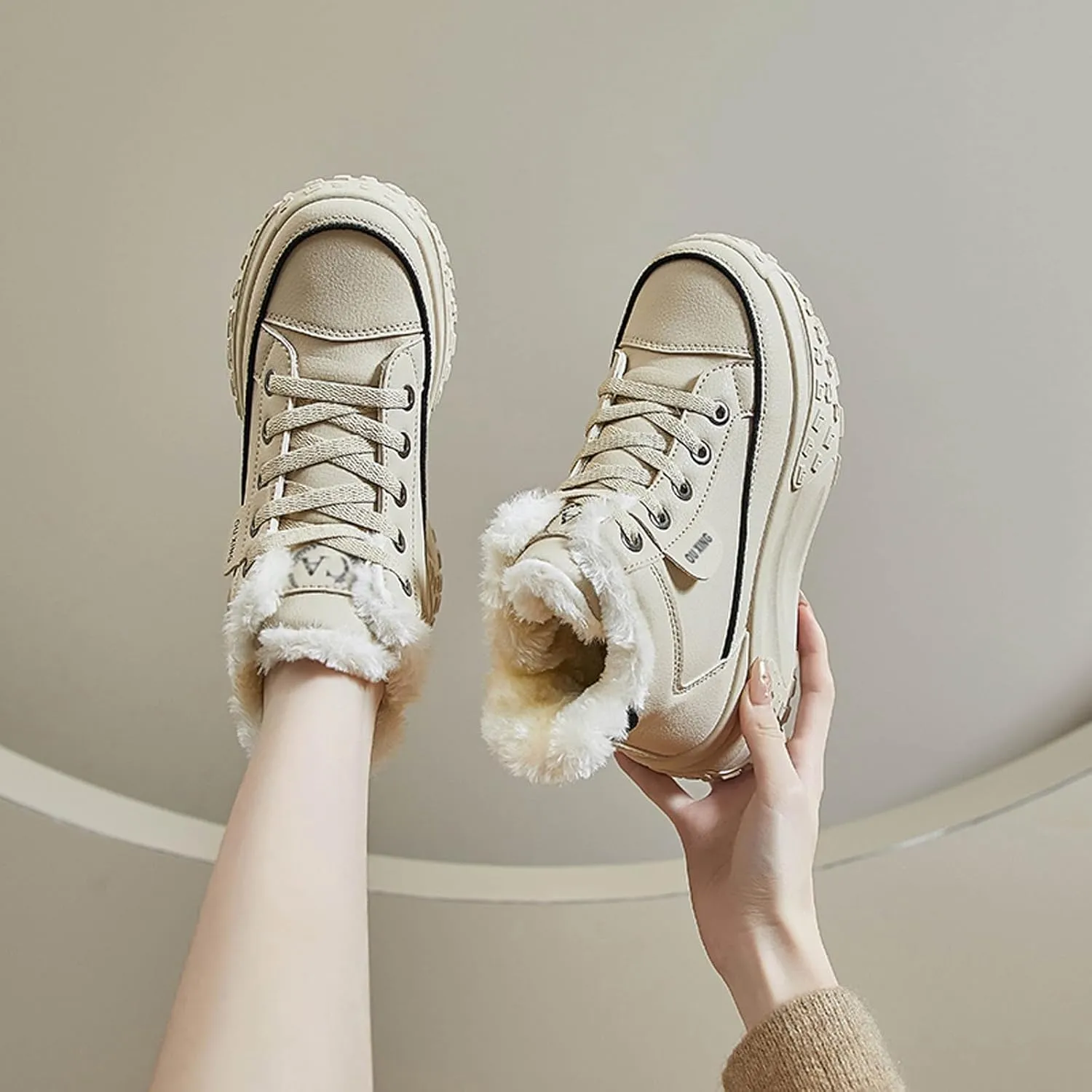 High Top Sneakers for Women Casual Winter Warm Platform Sneakers with Faux Fur Fleece Lining