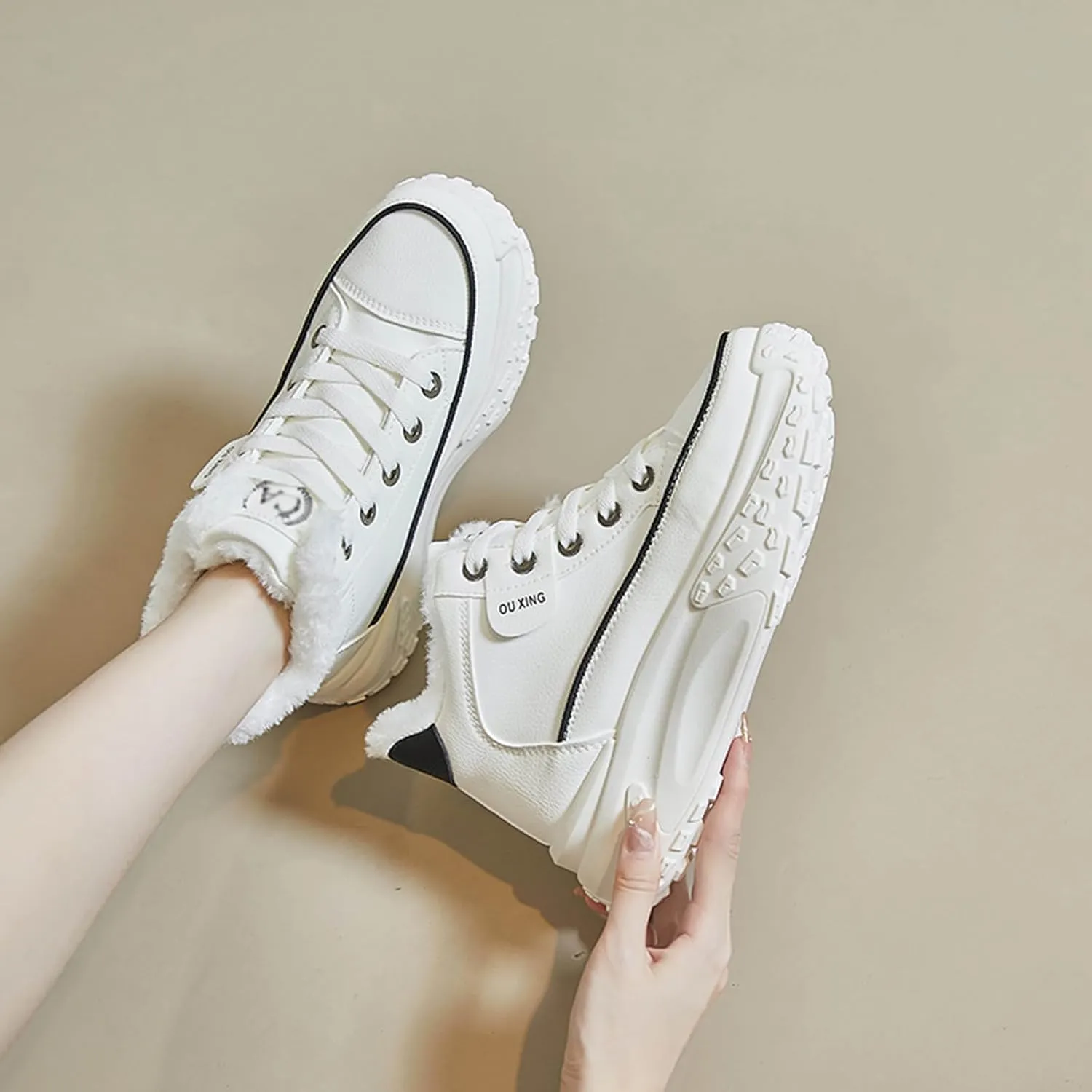 High Top Sneakers for Women Casual Winter Warm Platform Sneakers with Faux Fur Fleece Lining