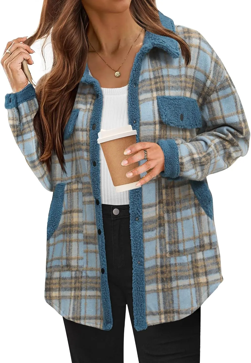 HOTOUCH Casual Sherpa Jacket Women Fleece Pocketed Plaid Jackets Button Down Long Sleeve Cozy Loose Coat Fall Flannel Shirts Winter Outwear, S Blue