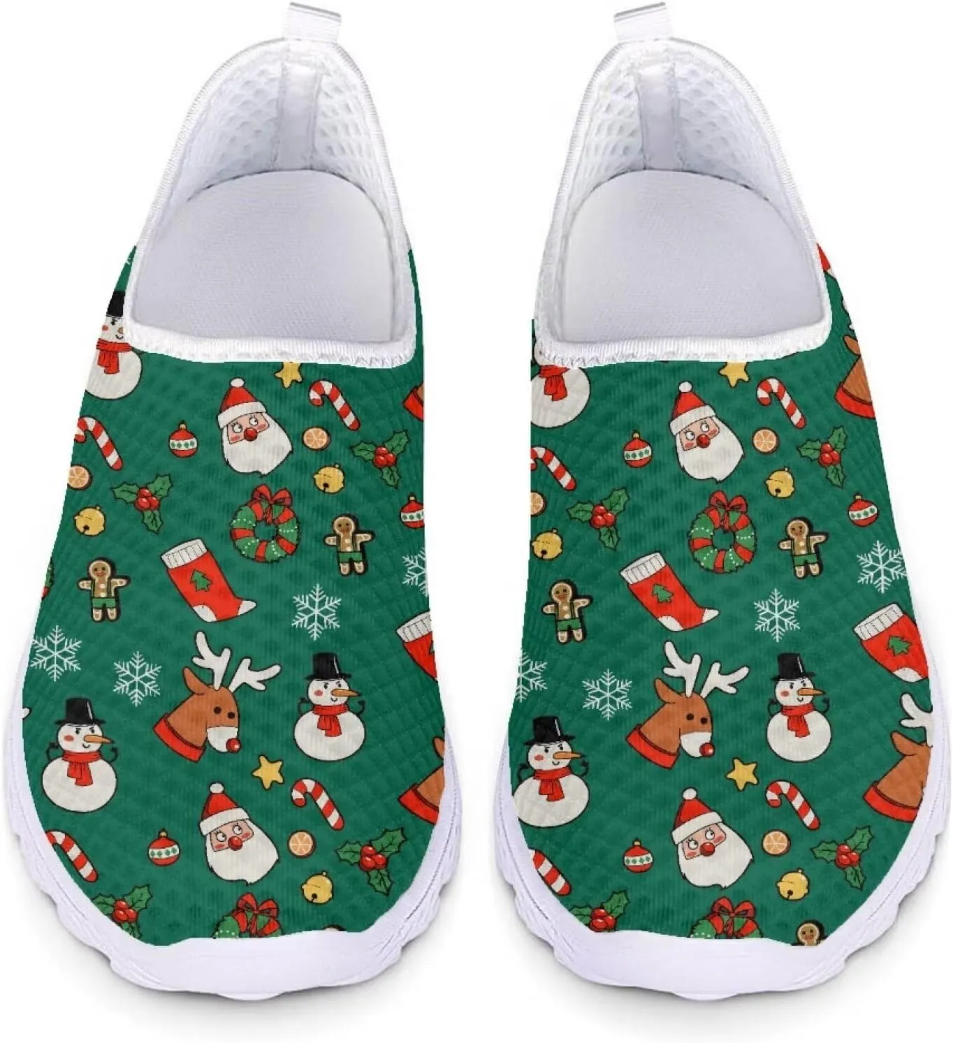 HUIACONG Green Christmas Teen Girls Sneakers for Women Slip On Shoes Ladies Lightweight Athletic Trainers Size 5.5 Road Running Shoes for Family Xmas Holiday Party Gifts
