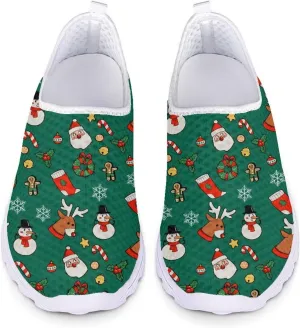 HUIACONG Green Christmas Teen Girls Sneakers for Women Slip On Shoes Ladies Lightweight Athletic Trainers Size 5.5 Road Running Shoes for Family Xmas Holiday Party Gifts