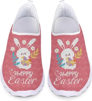 HUIACONG Happy Easter Womens Slip On Sneaker Easter Rabbit Egg Running Shoes for Teen Girls Casual Walking Trainers Size 8 Breathable Lightweight Tennis Shoes Footwear Pink