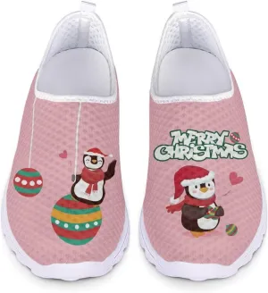 HUIACONG Merry Christmas Penguin Shoes for Women Teen Girls Sneakers Lightweight Workout Gym Tennis Trainers Slip On Walking Running Shoes for Holiday Party, 6 Size